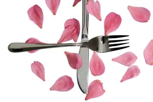 fork and knife isolated with rose petals for concept on romantic dining