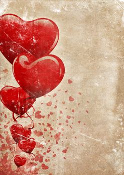 Heart-shaped baloons and confettis on a grunge old paper background with lots of copyspace for your text