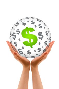 Hands holding a Dollar Sphere sign on white background.