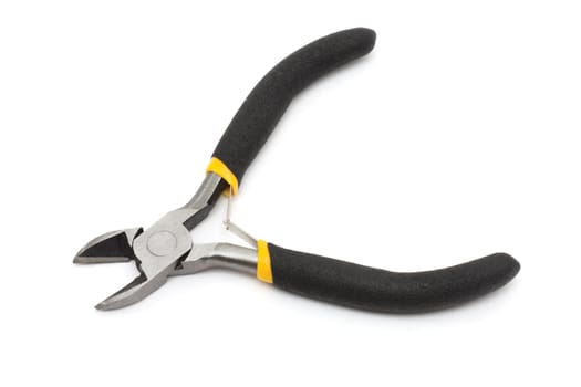 Wire cutters with black handles on a white background