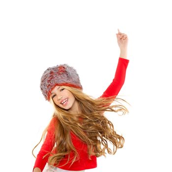 kid girl winter dancing with red shirt and fur hat on white background