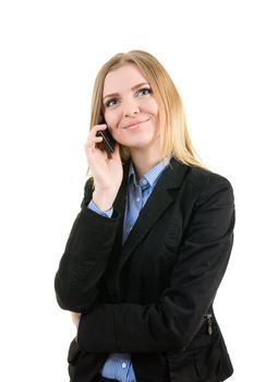 Business woman with a phone on white background isolated
