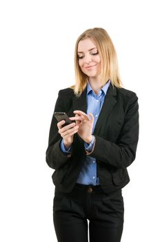 Business woman working with the phone on white background isolated