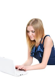 beautiful young girl working isolated on white background