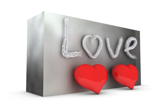two hearts with stylized text on grey wall