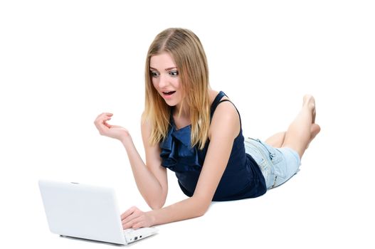 beautiful young girl working on white background