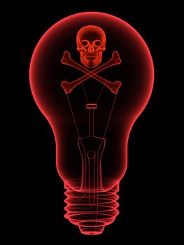 Red lightbulb with skull and crossbones x-ray silhouette on black. High resolution 3D image