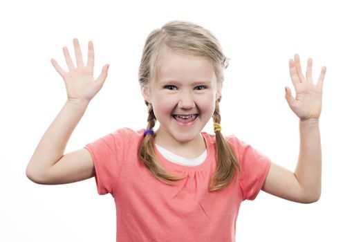 girl showing her hand up, isolated on white 