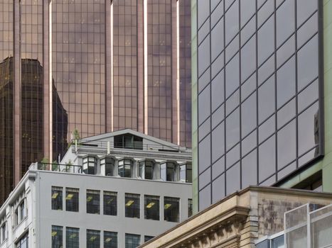 High riser office towers downtown modern city with coporate glass-walled building facades