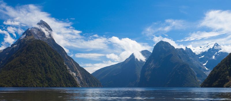 Milford Sound and Mitre Peak in Fjordland National Park Southern Alps New Zealand