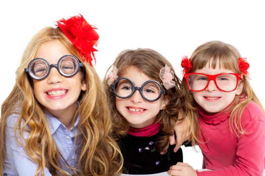 nerd children girl group with glasses and funny expression