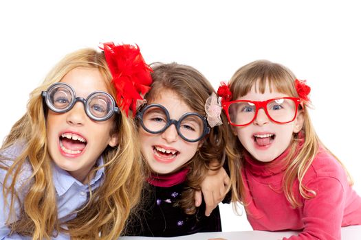 nerd children girl group with glasses and funny expression