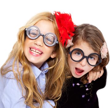 nerd children girl group with glasses and funny expression