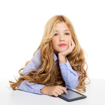 blond student kid with ebook tablet pc portrait in desk isolated on white background