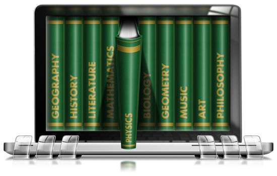 Ten books in green leather leaving out of the monitor of a laptop