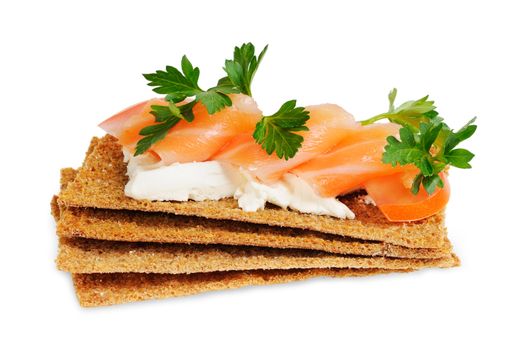 Snack. Bread with feta cheese and salmon. Isolated on white.