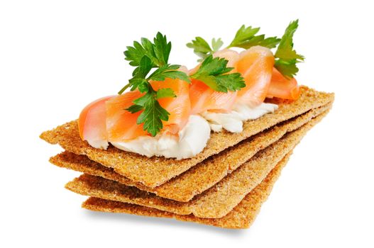 Snack. Bread with feta cheese and salmon. Isolated on white.