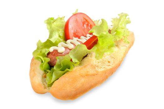 Tasty and delicious hotdog. Isolated on white.