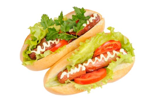Two tasty and delicious hotdog. Isolated on white.