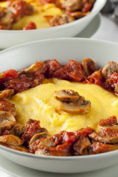 Fresh polenta with tomato mushroom sauce vertical orientation.