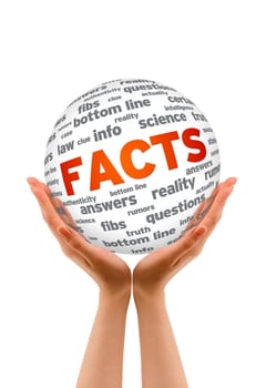 Hands holding a Facts Sphere sign on white background.