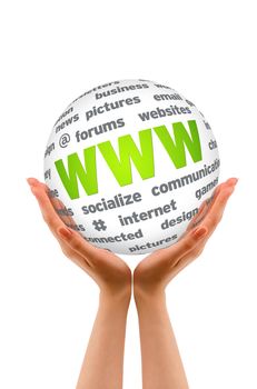 Hands holding a WWW Sphere sign on white background.