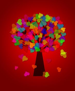 Colorful Valentines Day Heart Shape Leaves on Trees with Red Background Illustration