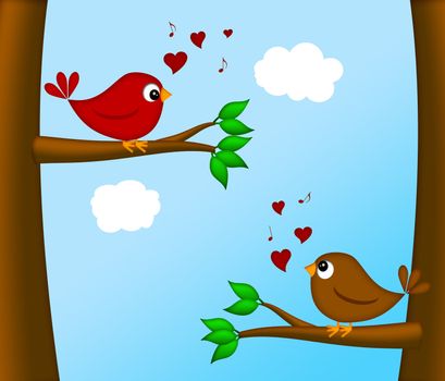 Valentines Day Lovebirds Pair Sitting on Tree Branch Chirping Illustration