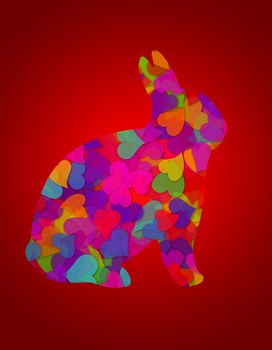 Valentines Day Hearts Colorful Bunny Rabbit Silhouette Illustration on Red Background