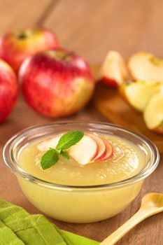 Fresh homemade apple sauce with apples in the back (Selective Focus, Focus on the front of the apple slices on the sauce) 