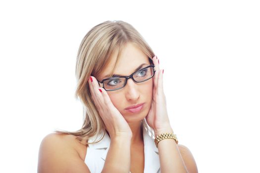 Close-up portrait of the businesswoman on a white background with spectacles