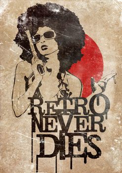 Illustration of a dangerous retro girl holding a gun and a cigarette, on old paper background