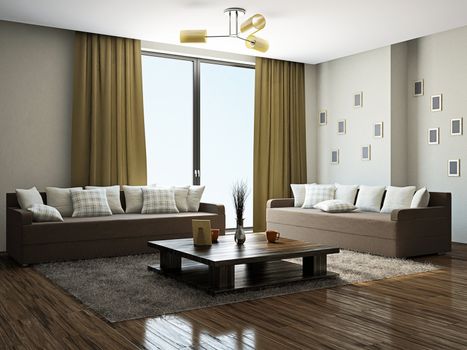 Livingroom with furniture near the panoramic windows