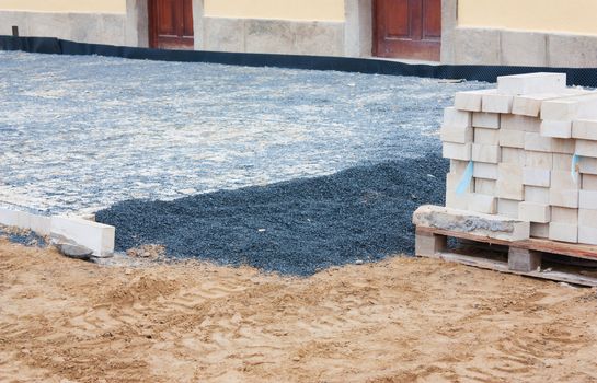 Installation of paved pedestrian way in city