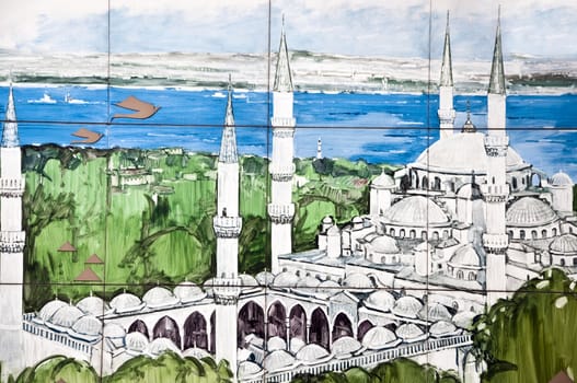 Wall painting of one of Turkey's most remarkable landmarks, Blue Mosque in Istanbul