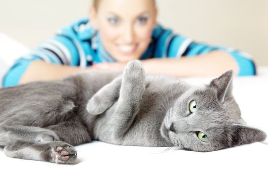 Cat pampering indoors and defocused smiling woman