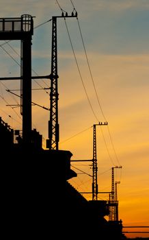 Sunset over a railway bridge in Dresden, Germany