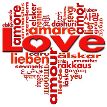 Love written in major languages of the world in the shape of heart