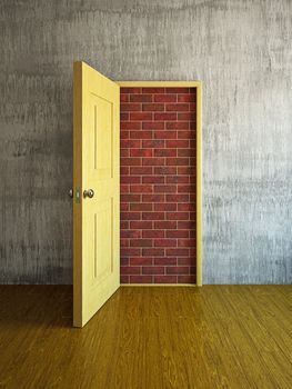 The doorway is closed by a brick wall