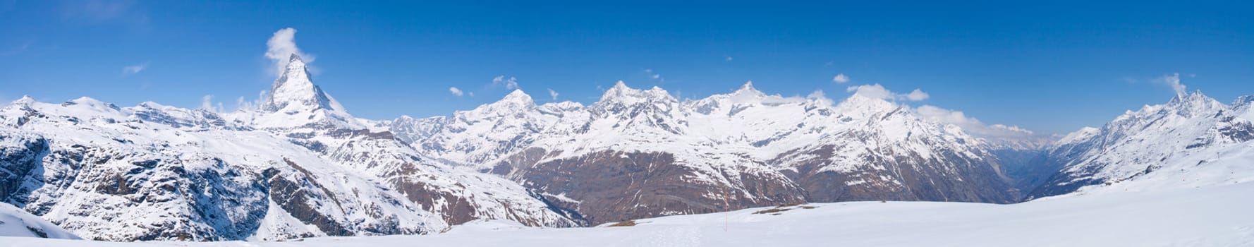 Panorama of Snow Mountain Range Landscape at Matterhorn Peak Alps Alpine Region Switzerland