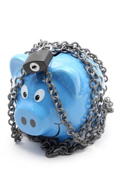 Piggy bank padlocked with chains and padlock on white background for Money Insurance Concept