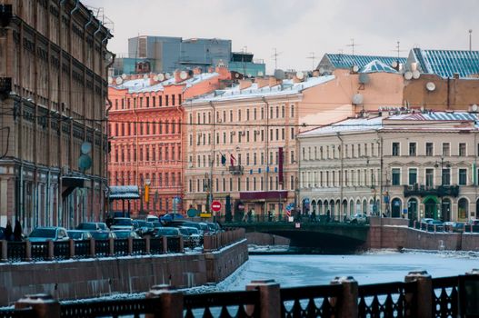 Saint-Petersburg downtown cityscape in rush hour in winter
