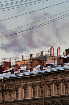 Vintage, brown house with chimneys, steam punk style