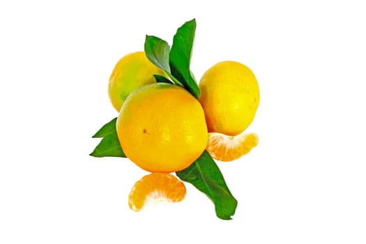 Three ripe mandarin with leaves isolated on white