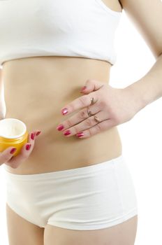 Woman with body cream. Isolated on white background