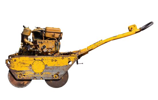 Old mini road roller for laying asphalt, isolated on white background