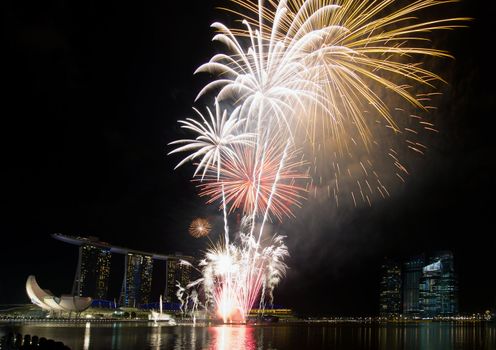 Fireworks Display Along Singapore River Esplanade with City Skyline