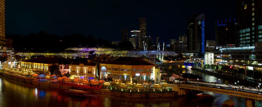 Clarke Quay Along Singapore River in Central Business District Night Scene Panorama