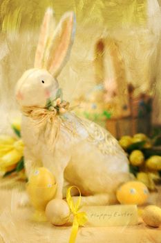 Easter bunny and eggs with a painterly wash effect 