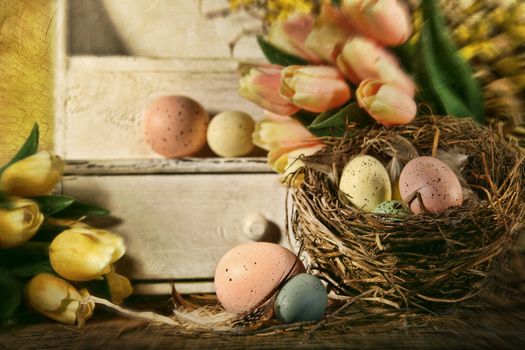 Speckled eggs and tulips with nostalgic feeling for Easter